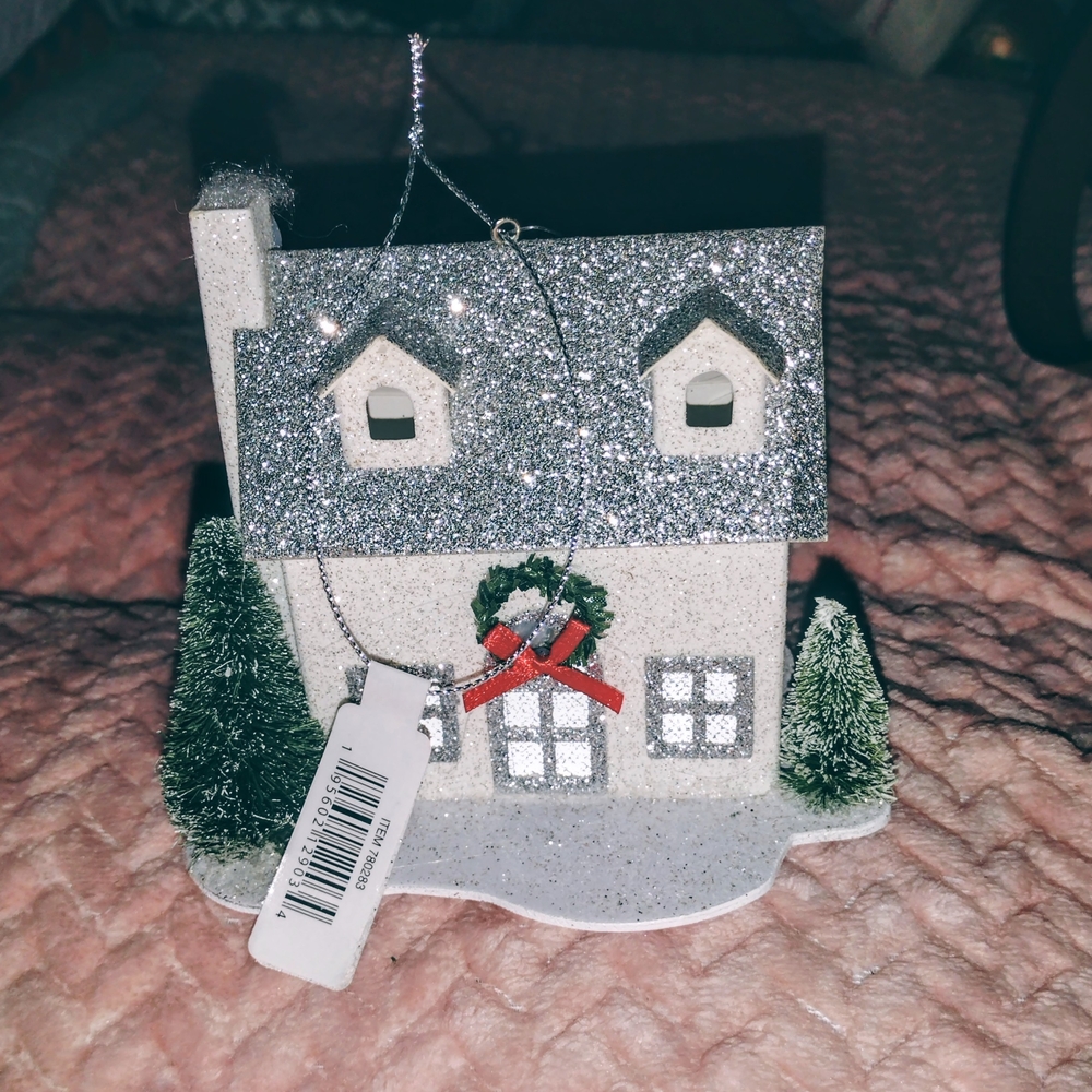 Holiday Time Silver and Green Glitter House Ornament